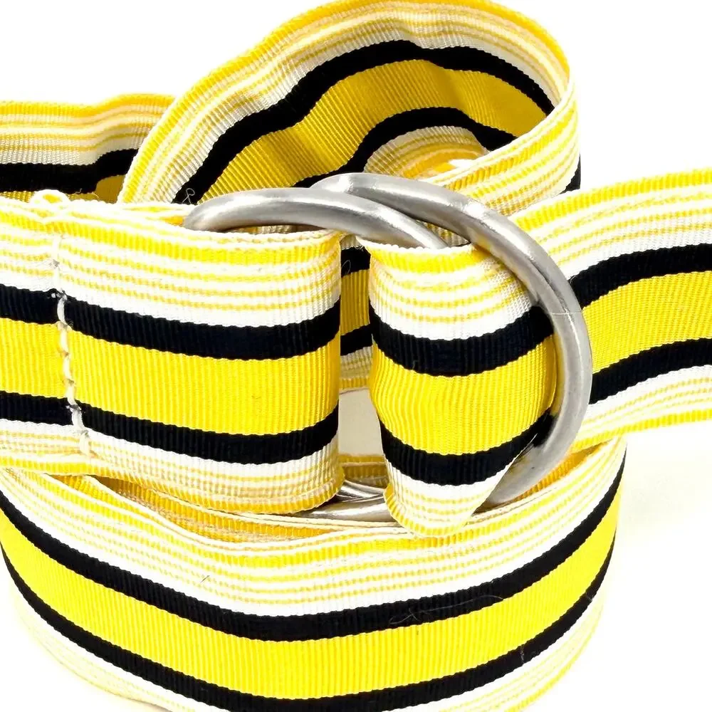 Vintage 90s J.Crew Yellow Black Striped Preppy Grosgrain D-Ring Ribbon Belt - Picture 2 of 7
